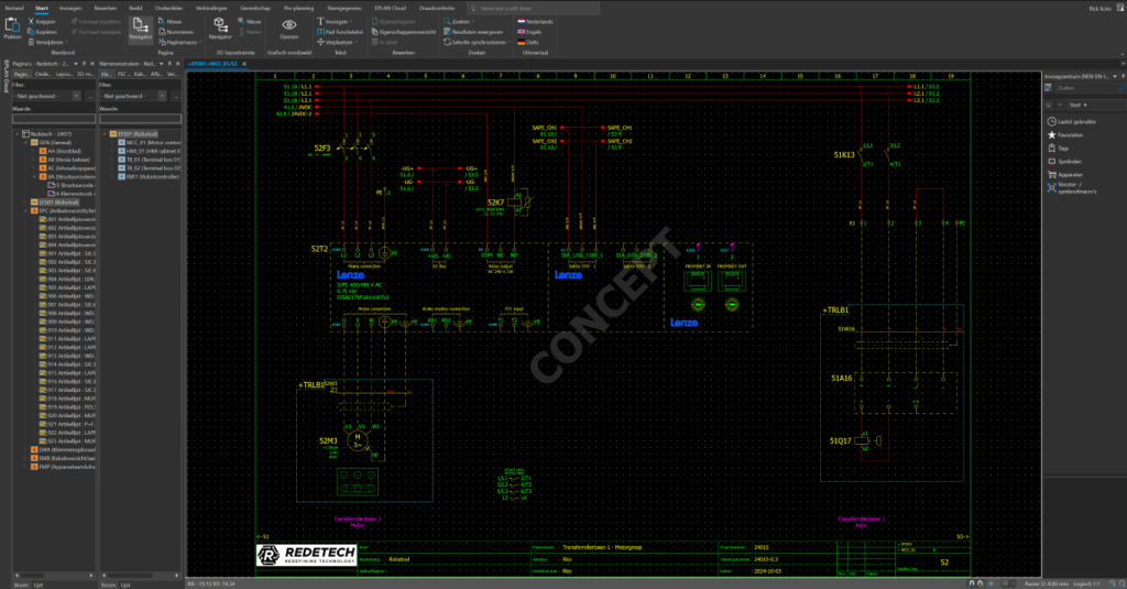EPLAN meerlijninge schema met frequentieregelaar. Het schema toont een industriële stroomconfiguratie en bedrading voor een frequentieregelaar systeem, met componenten zoals motoren en veiligheidsmodules. Ontworpen door Hardware Engineering voor industriële toepassingen die nauwkeurige motorregeling vereisen.